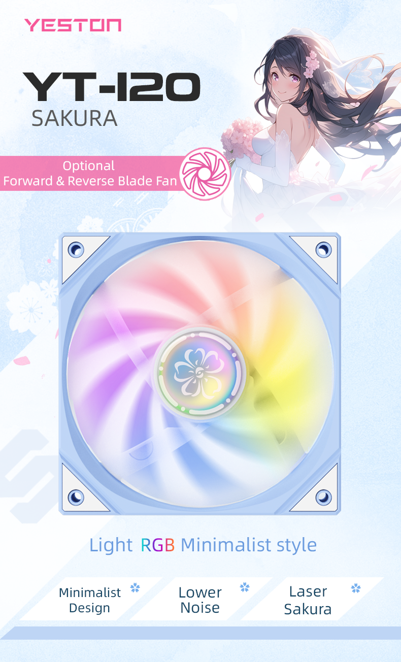 (March Promotion: $5 discount over $30)Yeston SAKURA Computer Case Fan ARGB LED 120mm Cooler Fan Quiet Edition High Airflow Color LED Case Fan 4pin PWM Silent Fan with Hydraulic Bearing (Reverse Fan)