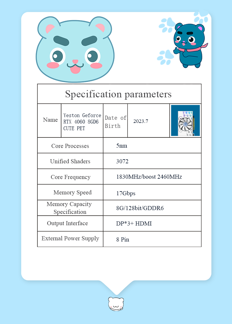 Yeston Cute Pet Nvidia GeForce RTX 4060 Graphics Card GDDR6 8G 128bit GDDR6 Gaming GPU