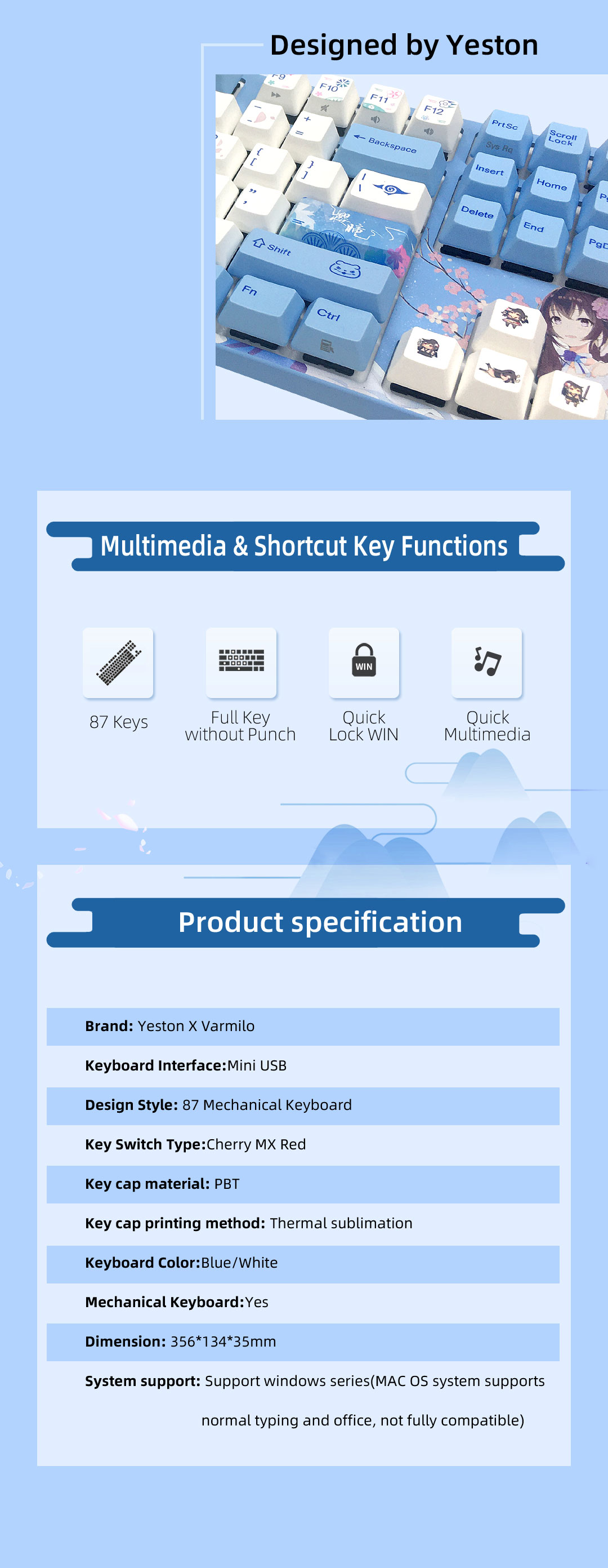 (Only Canada has inventory)Yeston 87 Keys Wired Mechanical Game Keyboard Fast Trigger Red Axis PBT Thermal Sublimation Key Caps Keyboard Gamer for PC Games