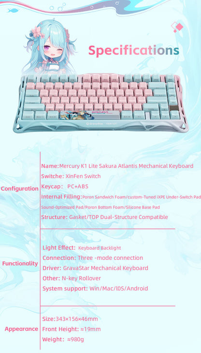 Yeston x Gravastar Mercury K1 Lite Sakura Atlantis Mechanical Keyboard