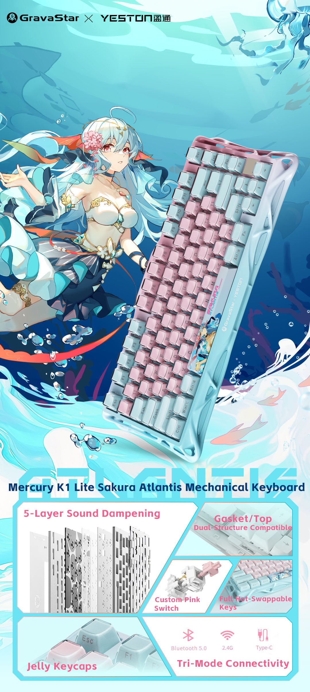 Yeston x Gravastar Mercury K1 Lite Sakura Atlantis Mechanical Keyboard