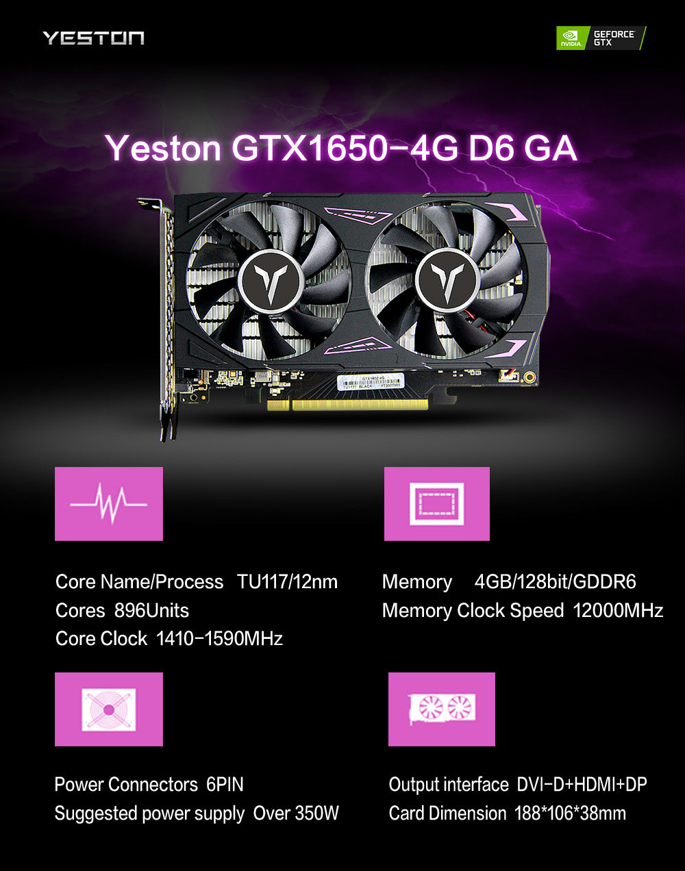 Yeston GeForce GTX 1650 4GB GDDR6 Graphics cards Nvidia pci