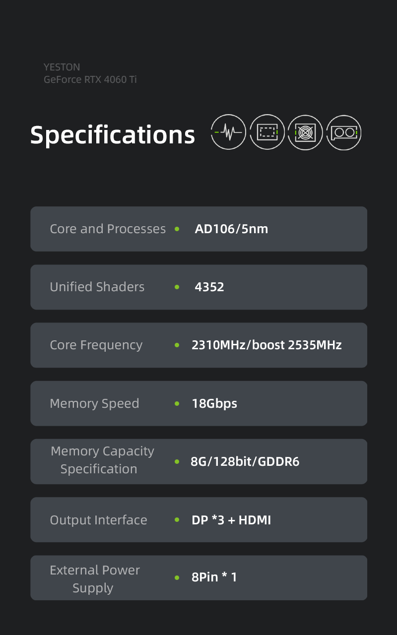 Yeston GAEA Nvidia GeForce RTX 4060 Ti 8G 128bit GDDR6 Gaming GPU Graphics Card