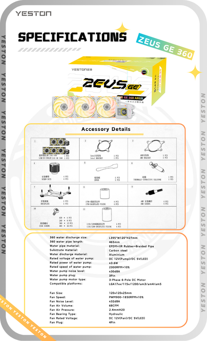 Yeston*Zeaginal ZC-ZEUS GE 360 Radiator Liquid CPU Cooler LCD Screen water cooling radiator ARGB synchronous fan Fits Intel LGA1700/1200/115X AMD AM5/AM4/AM3