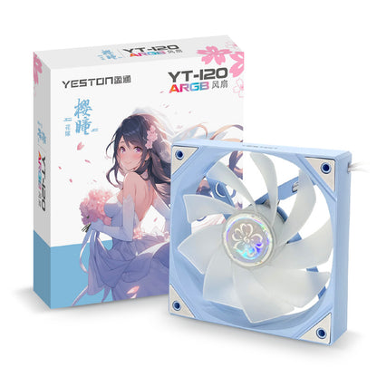 Yeston SAKURA Computer Case Fan ARGB LED 120mm Cooler Fan Quiet Edition High Airflow Color LED Case Fan 4pin PWM Silent Fan with Hydraulic Bearing (Reverse Fan)